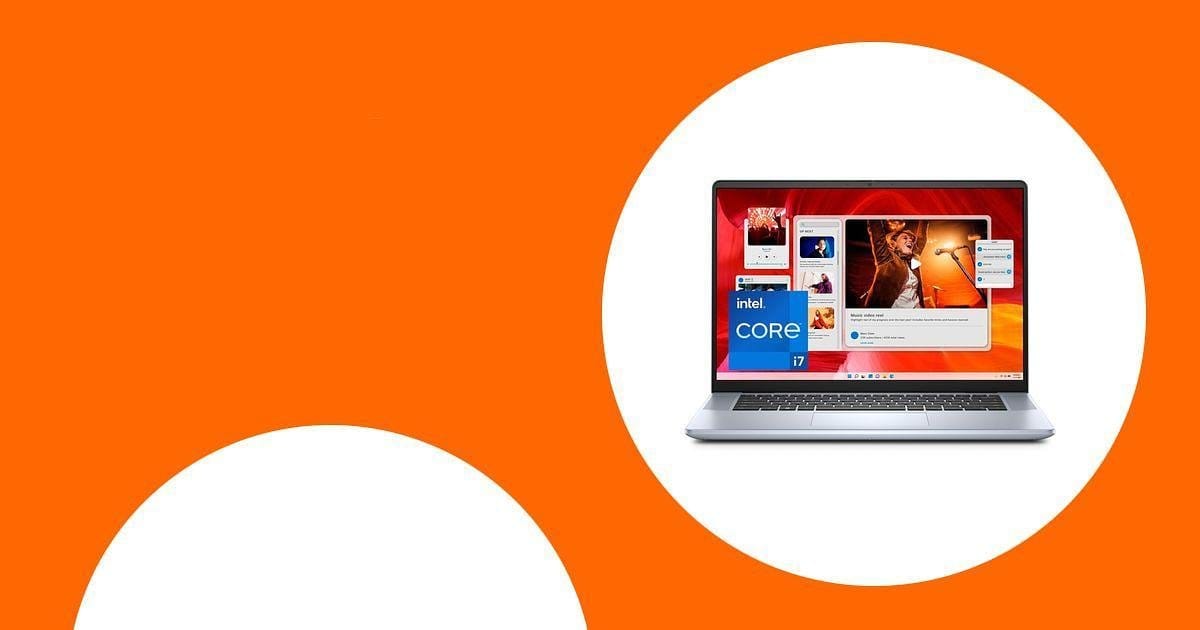 Silberner Laptop mit Intel Core i7-Prozessor; leuchtend orangefarbener Hintergrund
