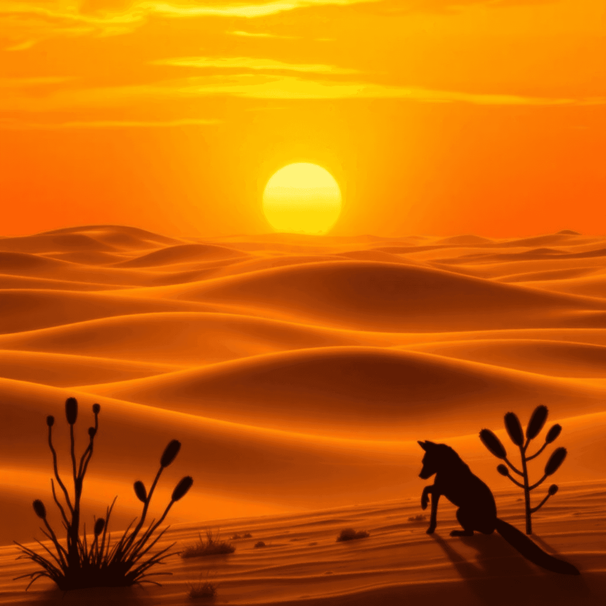A breathtaking Sahara Desert landscape at sunrise, featuring golden sand dunes, a vibrant orange sky, and silhouettes of desert plants and a fennec...