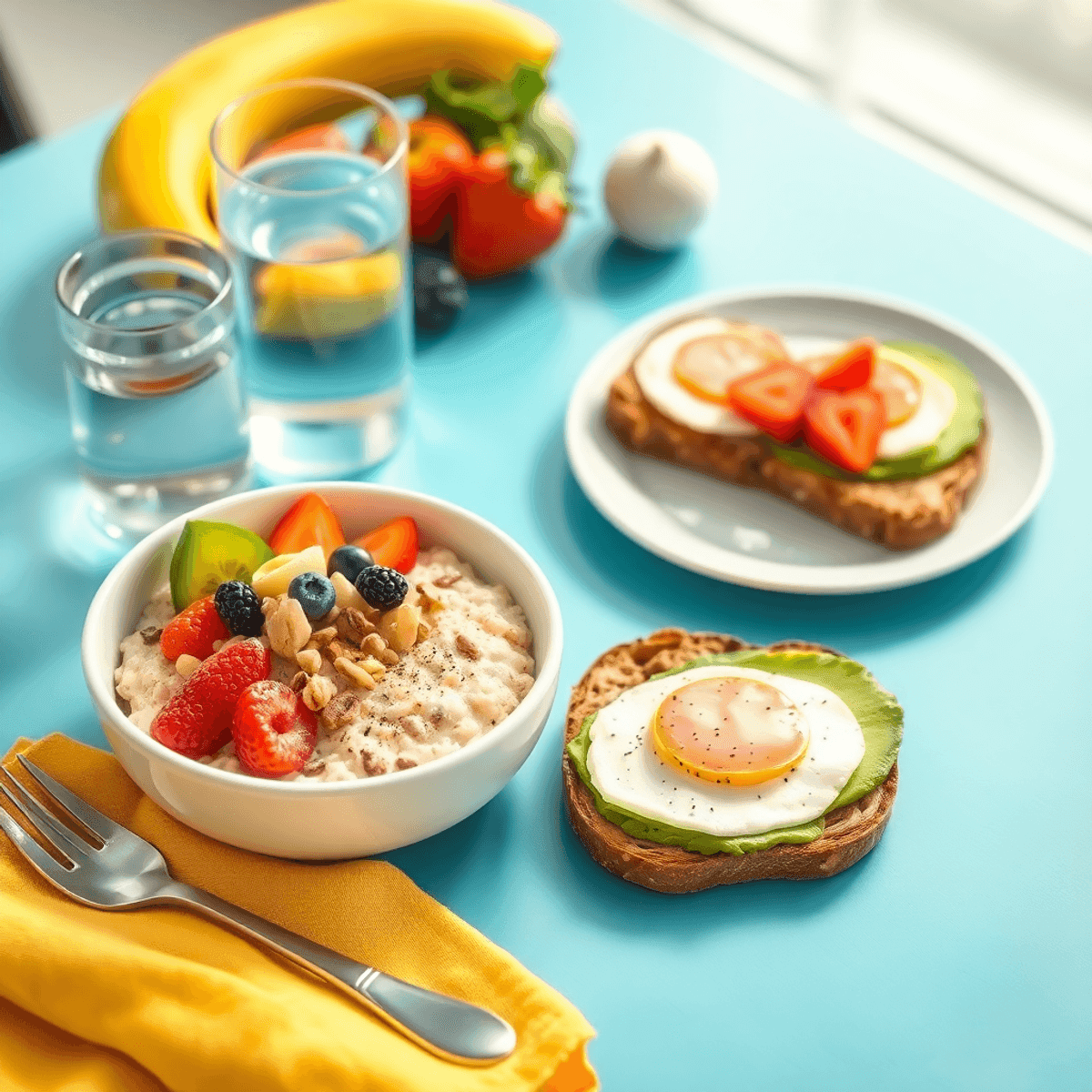 A colorful breakfast table with a bowl of oatmeal topped with fruits and nuts, a glass of water, and whole grain toast with avocado and eggs, all b...