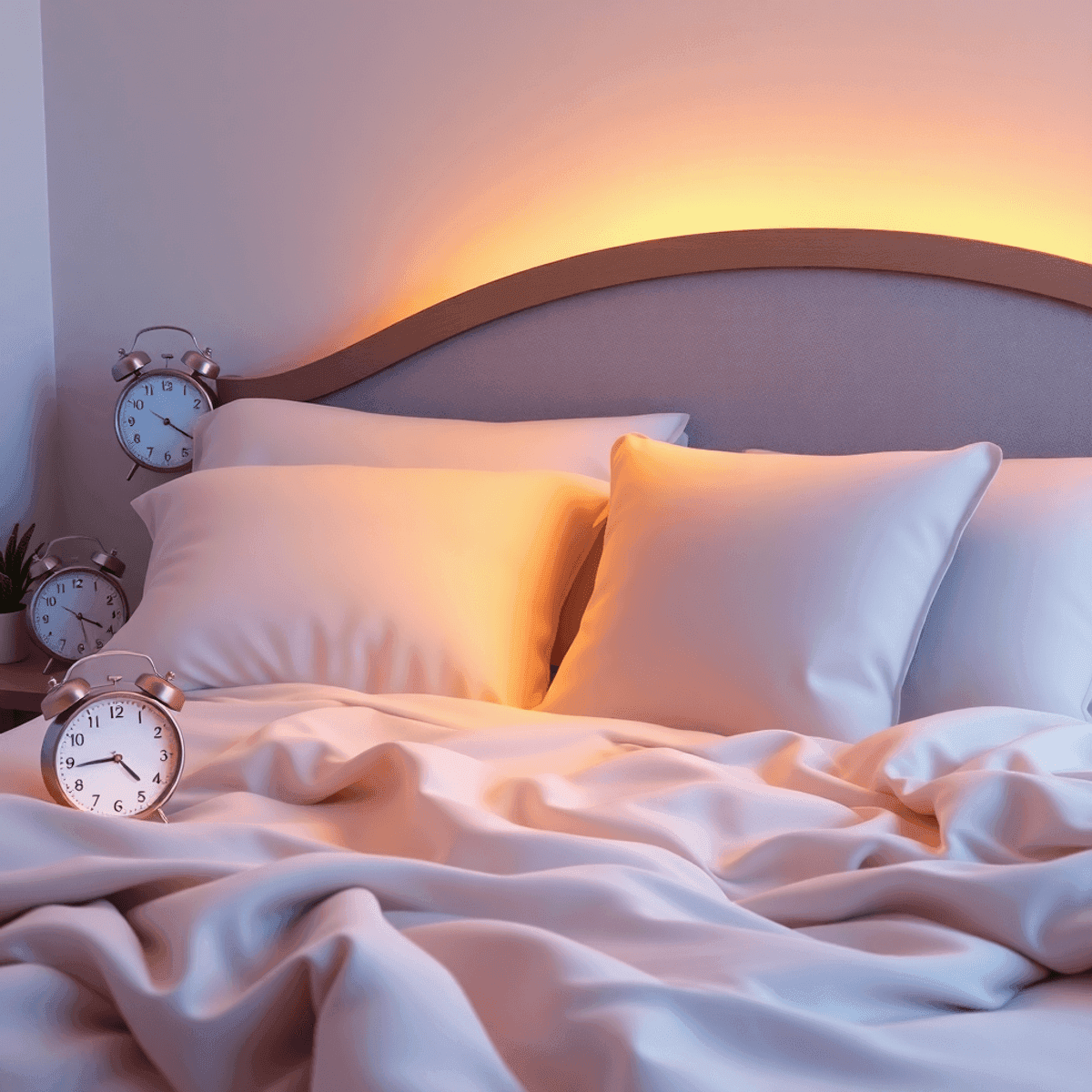 A cozy bedroom with a soft bed, inviting pillows, and calming colors. A bedside table with a clock shows bedtime, complemented by a small plant for...
