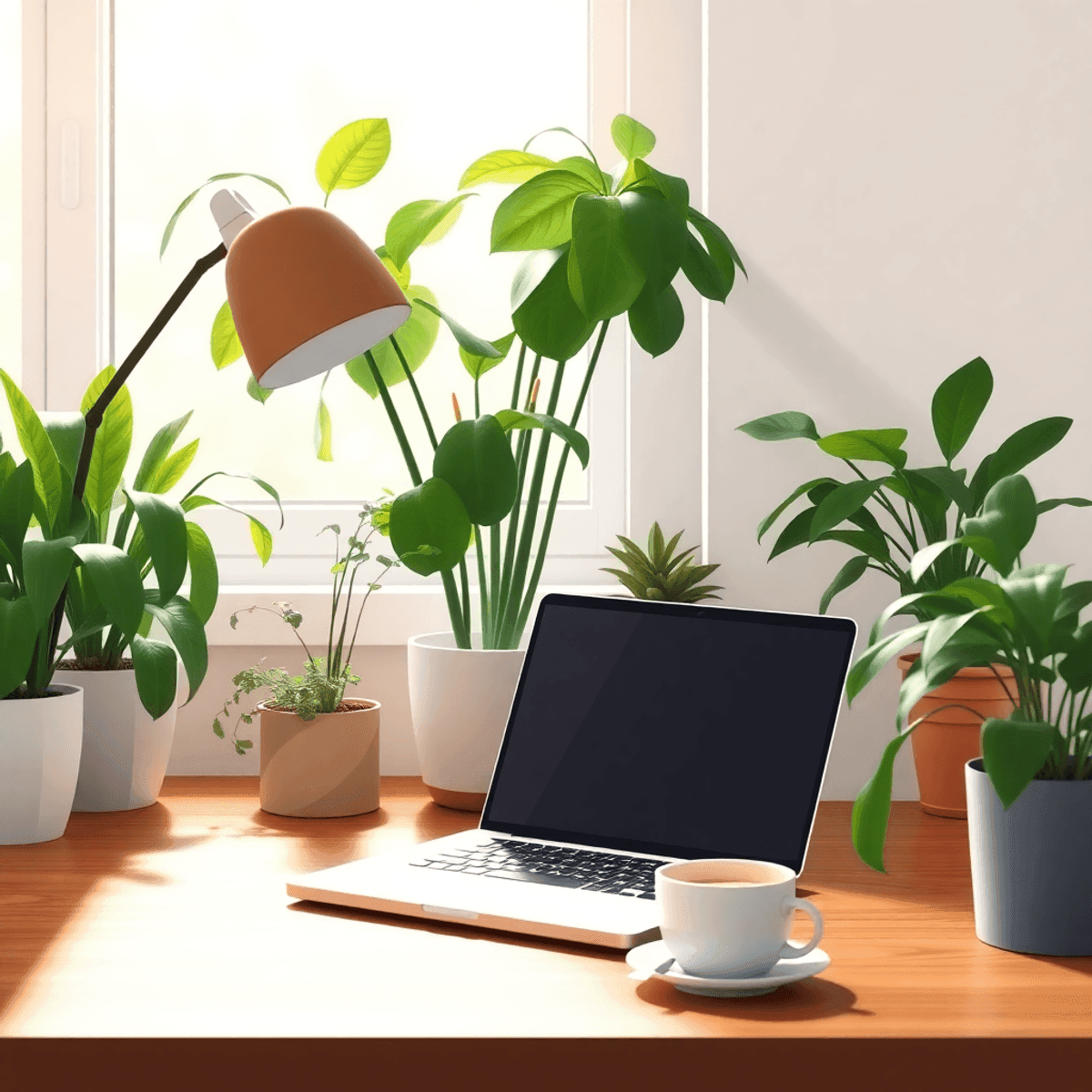 A cozy home office with a laptop, coffee cup, and houseplants, creating a bright and inviting atmosphere that symbolizes productivity and comfort i...