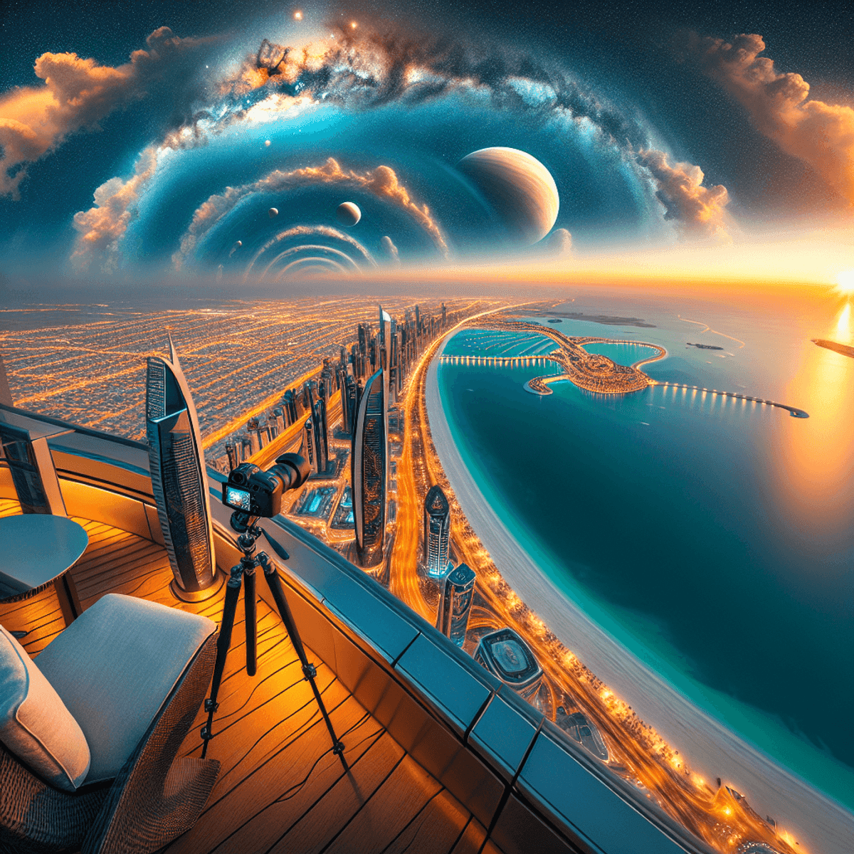 A digital art representation of a city skyline at sunset, with vibrant colors and a warm glow, symbolizing breathtaking sunset views in Abu Dhabi.
