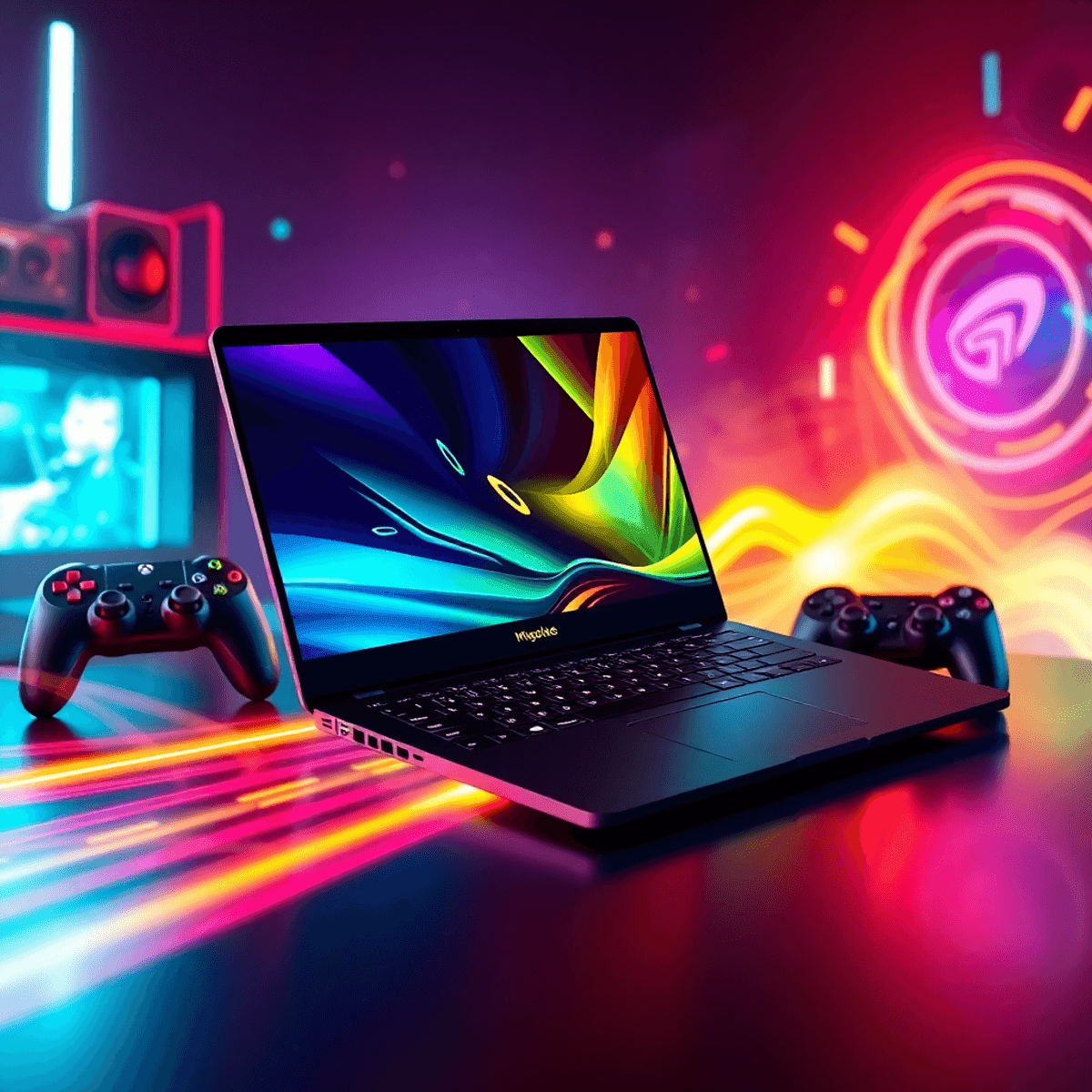 A modern gaming laptop surrounded by colorful LED lights, a gaming controller, and dynamic abstract graphics, capturing the excitement of portable ...