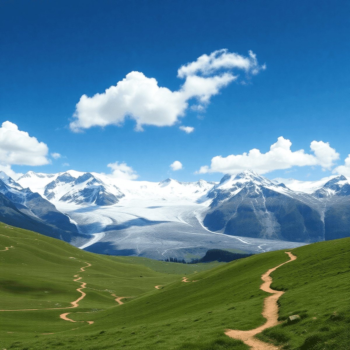 A panoramic view of Aletsch Glacier with snow-capped mountains, lush green meadows, and scenic hiking trails under bright blue skies and fluffy clo...