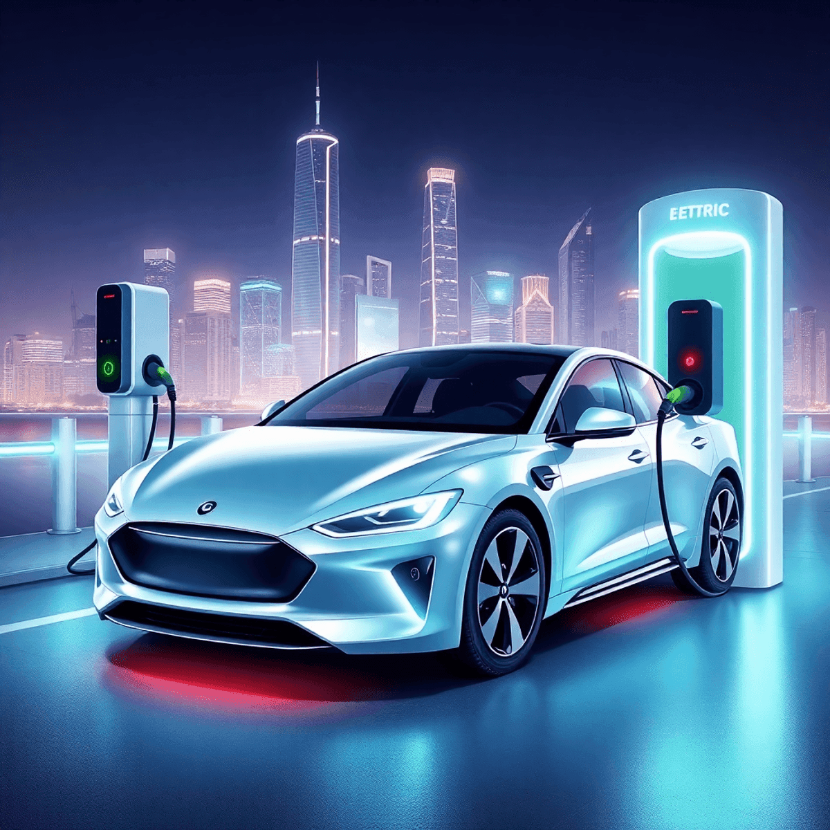 A sleek electric car charging at a modern station, with a futuristic city skyline in the background, showcasing innovation and sustainability in ur...