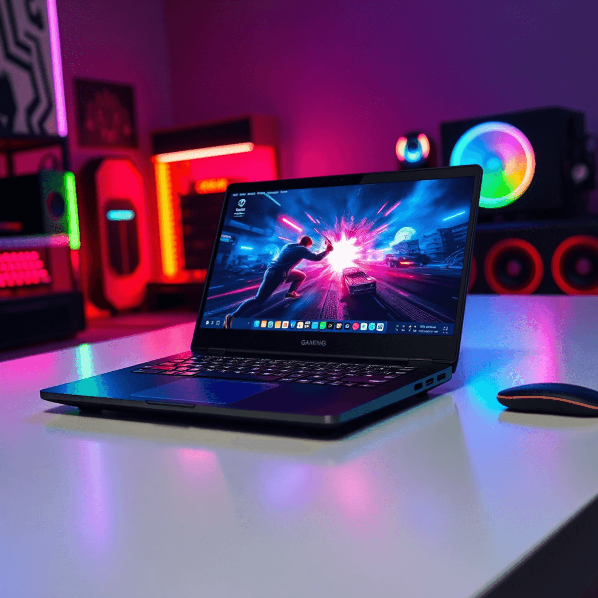 A sleek gaming laptop on a stylish desk, with colorful RGB lighting in the background and an action-packed game scene on the screen, showcasing mod...