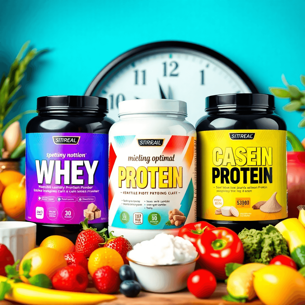 An array of colorful protein supplement containers, including whey, casein, and soy, with a clock in the background and a healthy meal of fruits an...