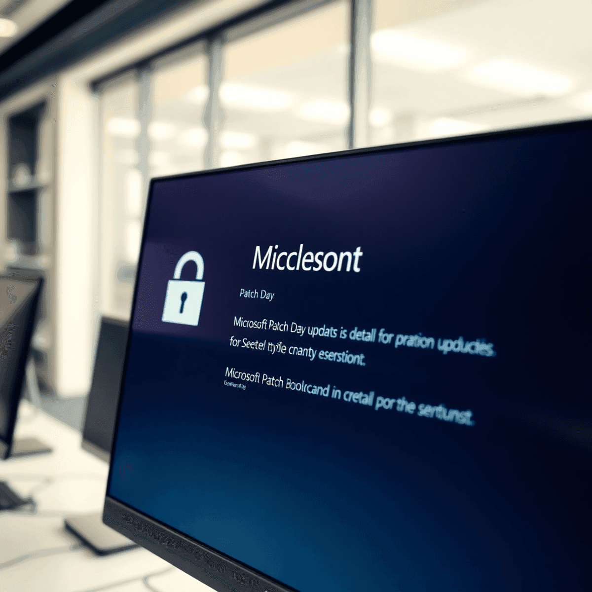 Close-up of a computer screen showing Microsoft Patch Day updates notification, with security icons like a padlock and shield in a modern office se...