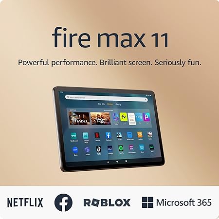 Das Amazon Fire Max 11-Tablet präsentiert seinen lebendigen Bildschirm und App-Symbole, darunter Netflix, Facebook, Roblox und Microsoft 365.