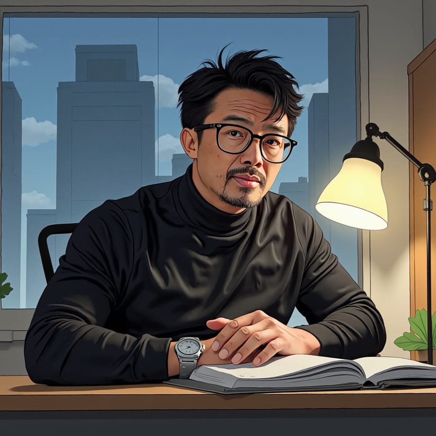 Mann in Rollkragenpullover und Brille sitzt am Schreibtisch und arbeitet unter einer Schreibtischlampe