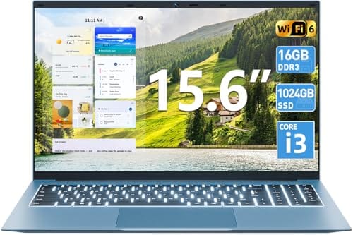 SGIN 15.6 Inch Laptop Computer, Win 11 Laptops with 16GB RAM 1024GB SSD, Core i3-10100Y CPU(Up to 3.9GHz), Backlit Keyboard, 53.2WH Battery, WiFi 6, IPS FHD Display, 180° Viewing, HDMI, Type-C