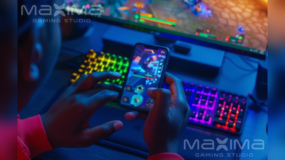 Person playing mobile game on smartphone with colorful gaming keyboard in the background. Mobile gaming and esports.