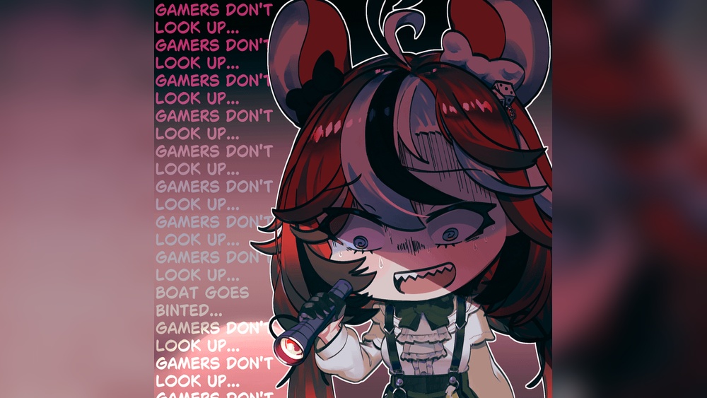 Bae, a Hololive VTuber, holding a flashlight with worried expression, text "Gamers Don't Look Up...