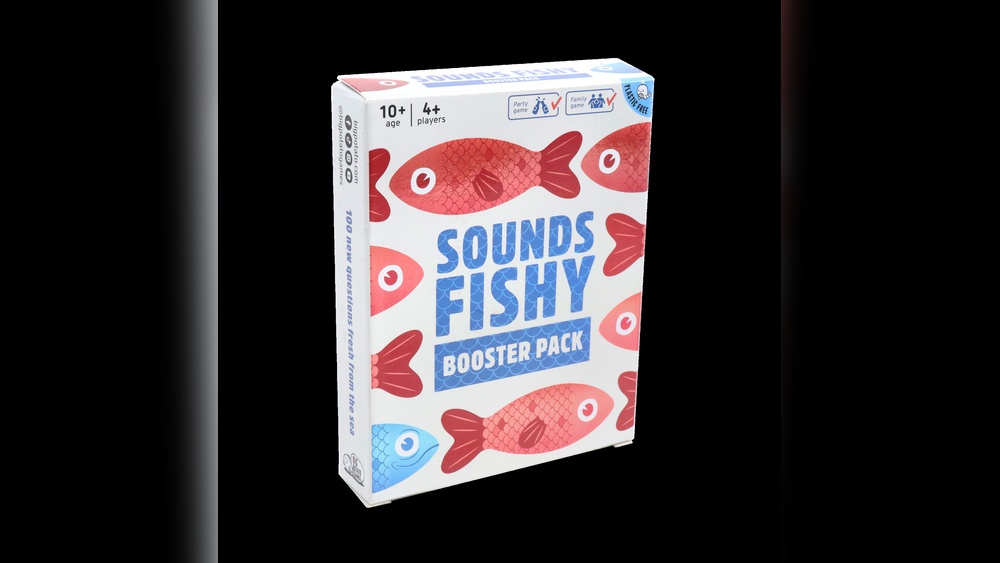 Sounds Fishy Booster Pack card game box with fish illustrations. Family and party game for ages 10+