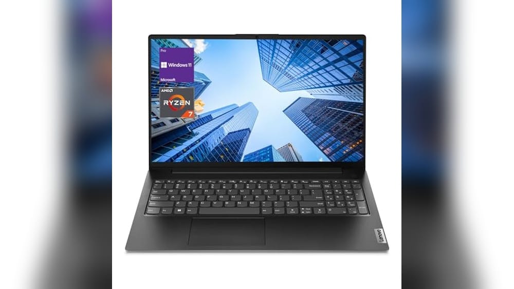 Lenovo laptop with Windows 11 Pro and AMD Ryzen 7 processor displayed on screen. Preisklar.com