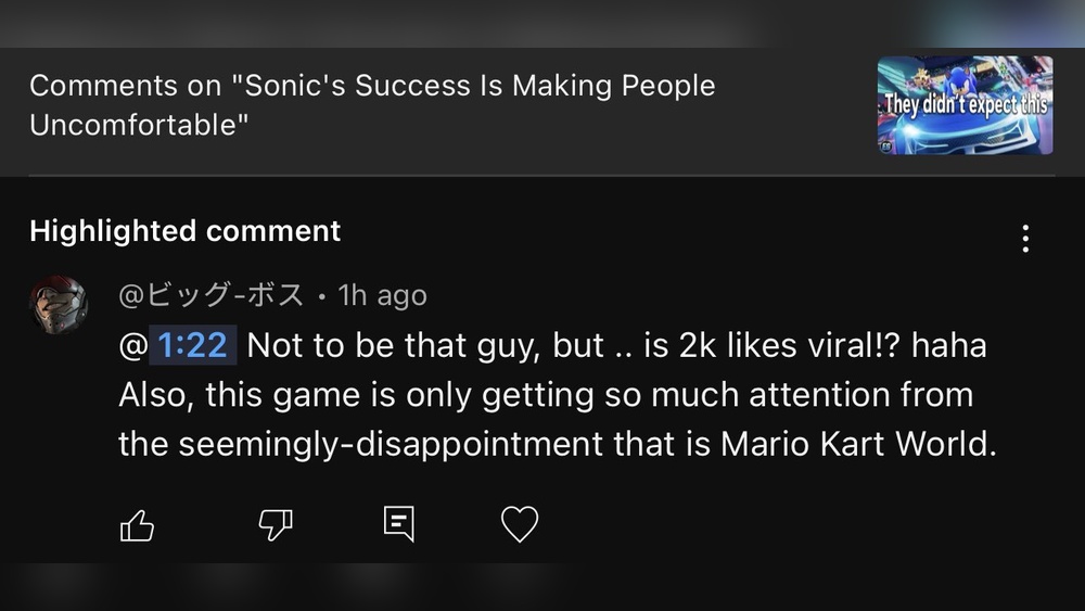 Comment about Sonic's success and Mario Kart World, highlighting the game's virality and potential disappointment of Mario Kart World.