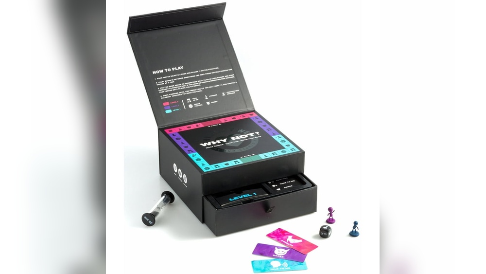 Why Not? party game box open, showing cards, dice, and game pieces. Includes Level 1 cards.